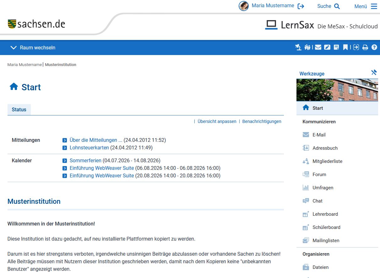 Eine Beispielseite, die die Struktur von LernSax zeigt